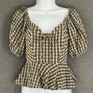 BP Gingham Peplum‎ Top Puff Sleeve Tie Front Womens XS Peasant Cottagecore Boho
